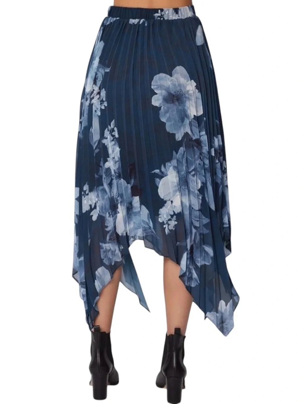 Lost + Wander Navy Blue Floral Pleated Asymmetrical Skirt